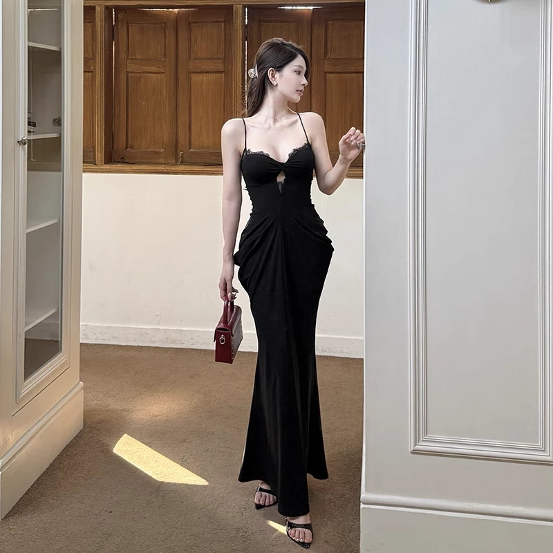 Enchanting Black Sweetheart Spaghetti Strap Pleated Mermaid Prom Dress Party Dress Cocktail Dress Homecoming Dress Evening Dress