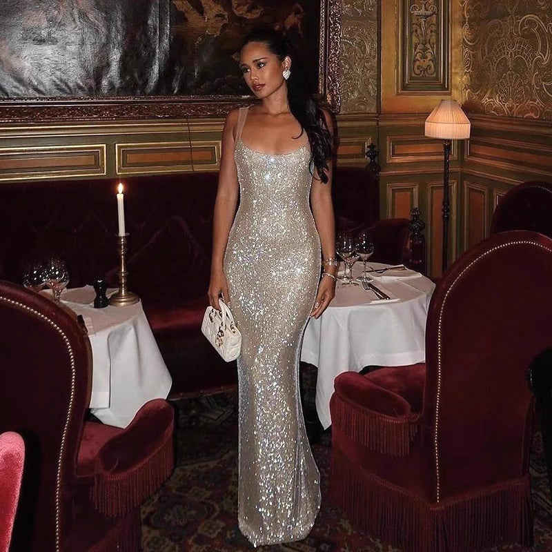 Enchanting Silvery Glittering Sequin Mermaid Long Floor-length Sleeveless Prom Dress Party Dress Cocktail Dress Homecoming Dress Evening Dress