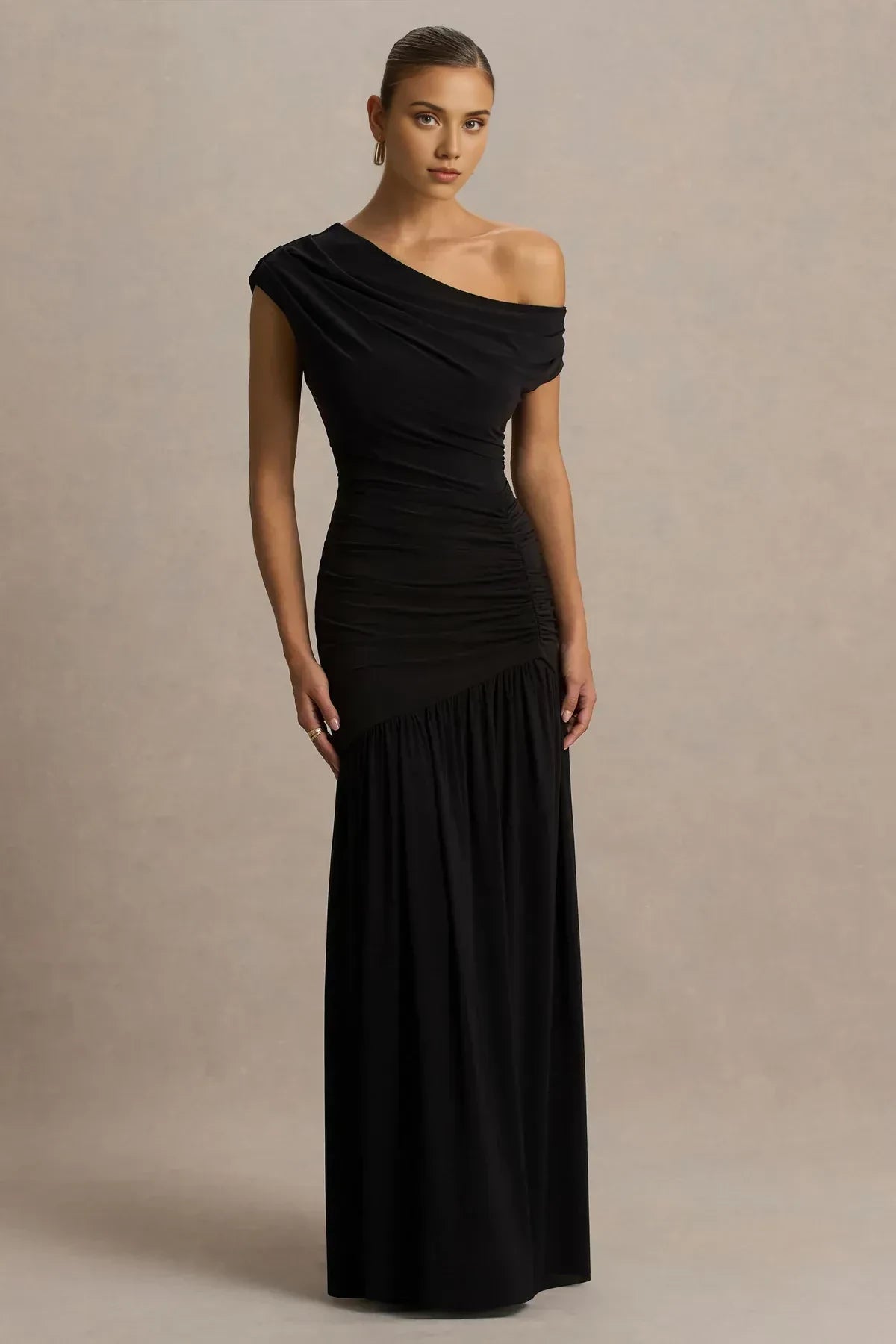 Enthralling A Line One Shoulder Cap Sleeve Ruched Back Floor Length Evening Dress