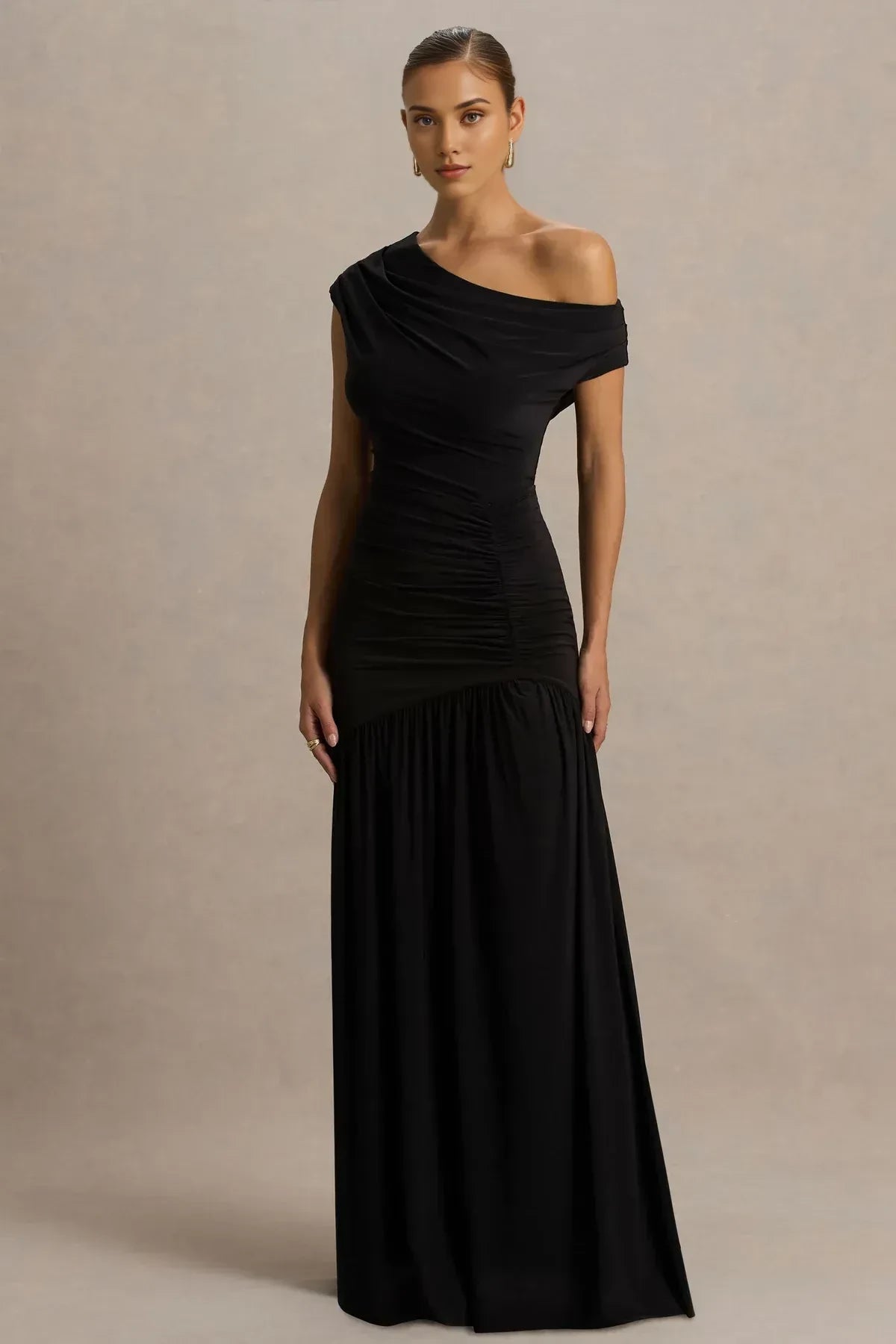 Enthralling A Line One Shoulder Cap Sleeve Ruched Back Floor Length Evening Dress
