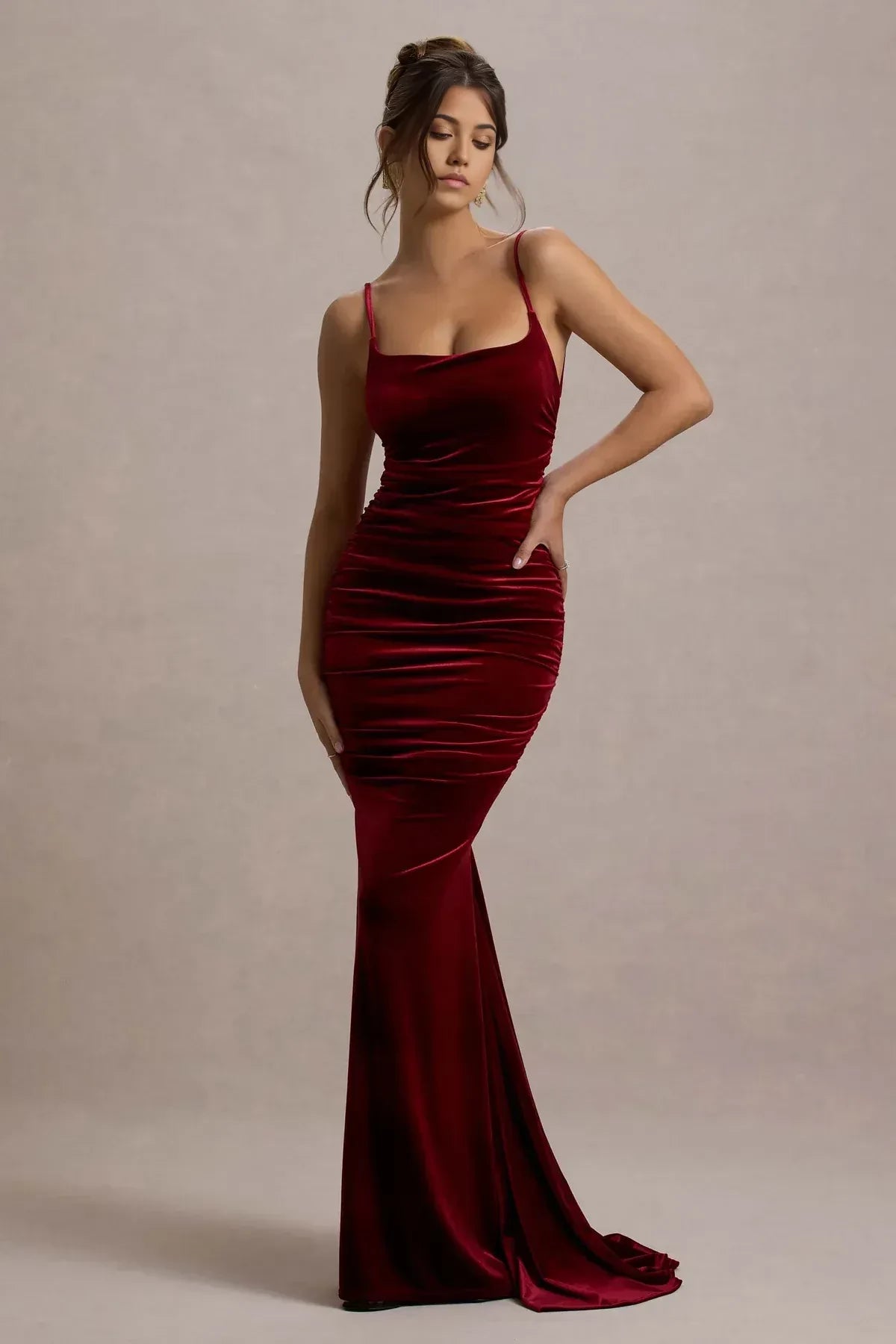 Enthralling Mermaid Cowl Neck Sleeveless Ruched Back Floor Length Evening Dress