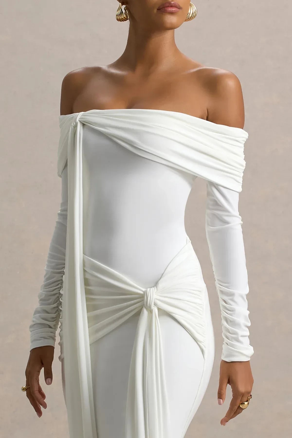 Enthralling Mermaid Off Shoulder Draped Sleeve Knot Detail Floor Length Evening Dress