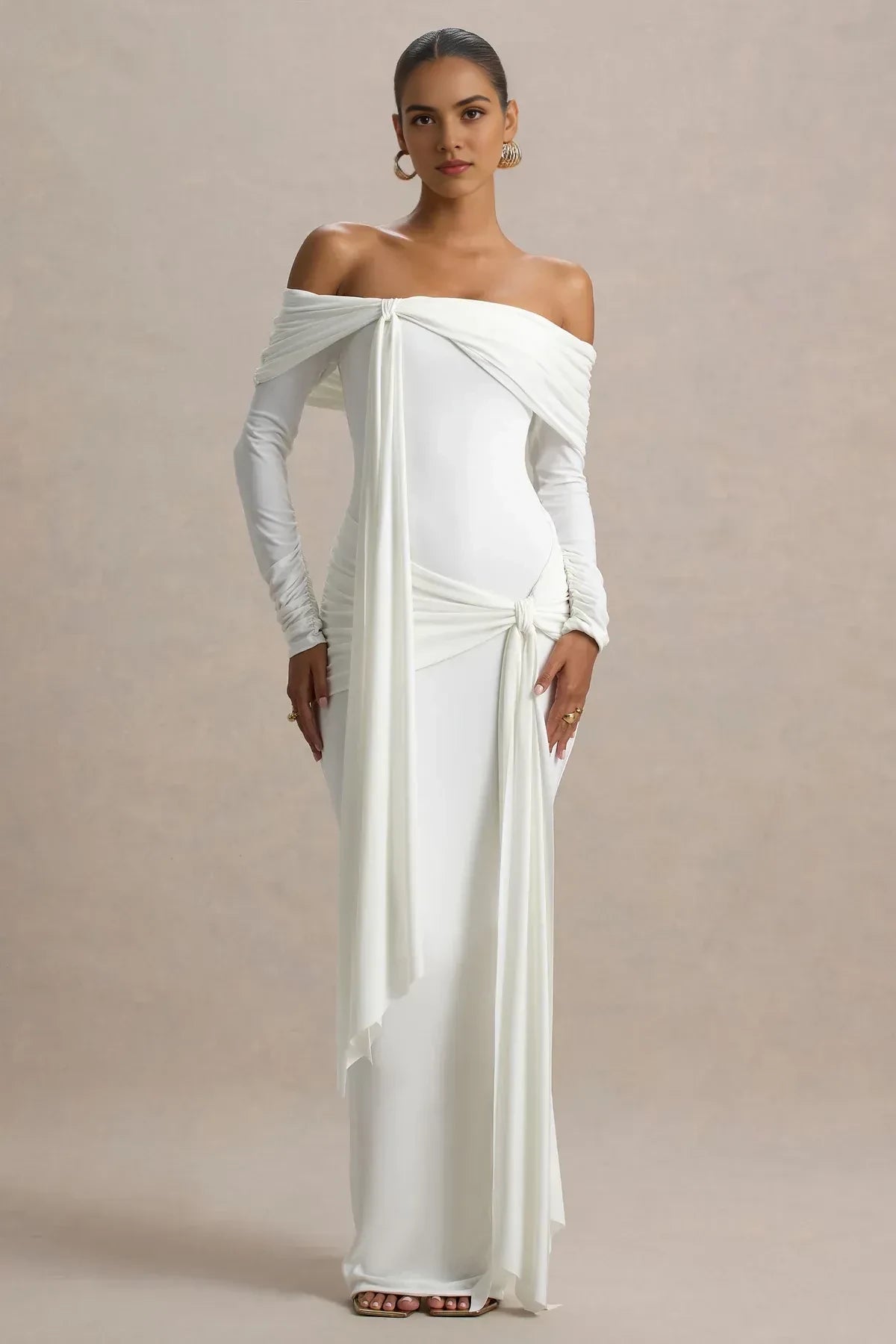Enthralling Mermaid Off Shoulder Draped Sleeve Knot Detail Floor Length Evening Dress