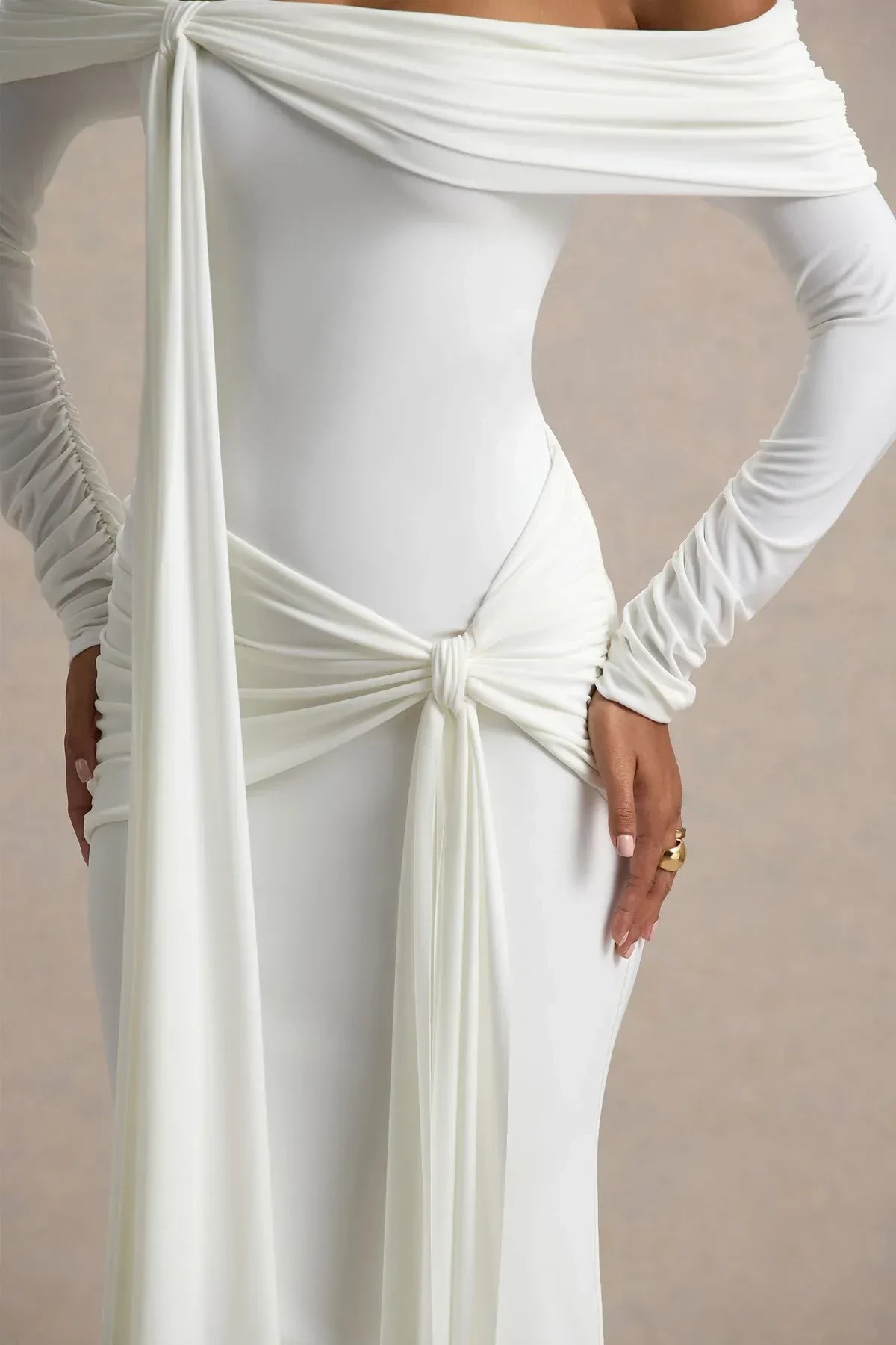 Enthralling Mermaid Off Shoulder Draped Sleeve Knot Detail Floor Length Evening Dress