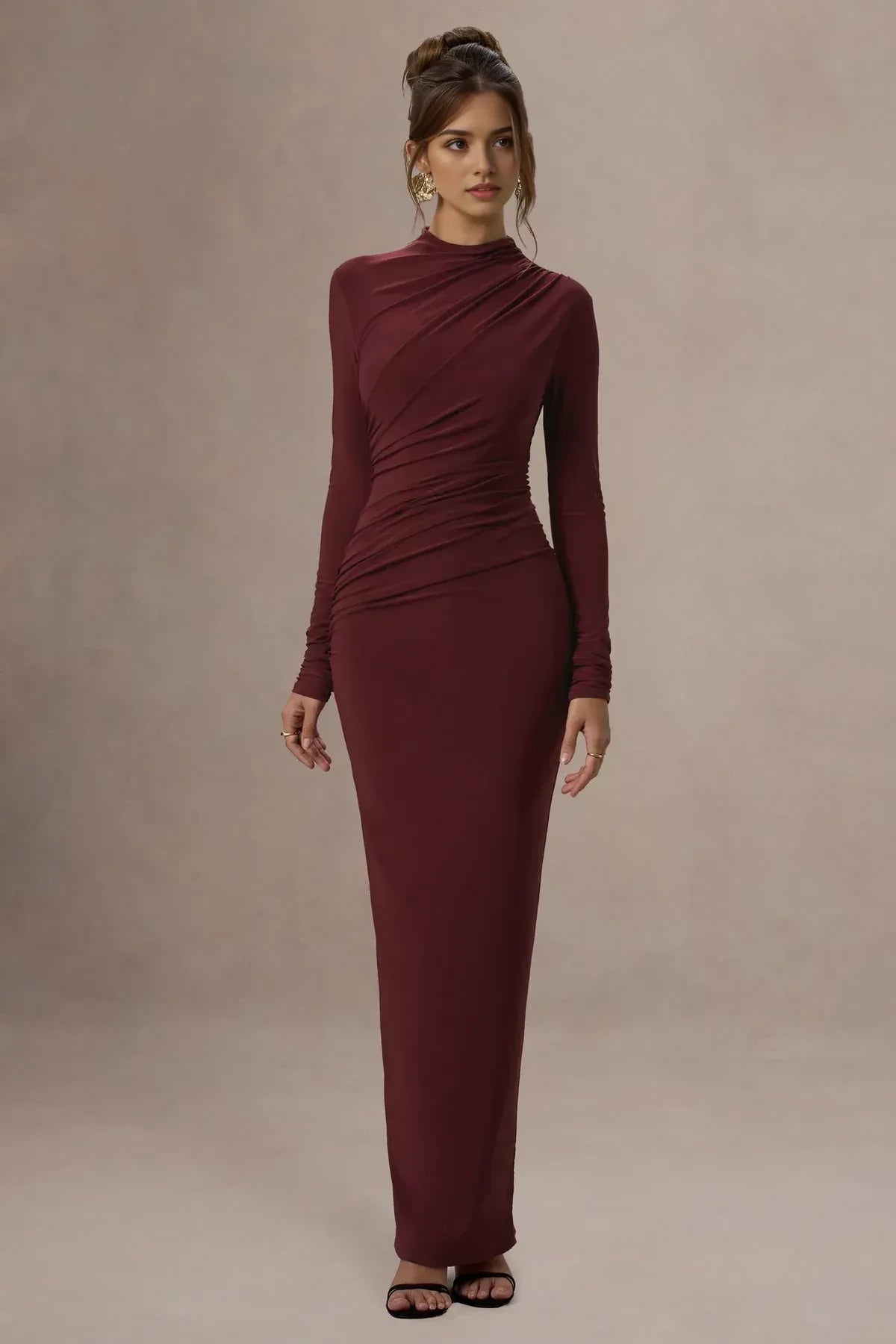 Enthralling Sheath High Neck Long Sleeve Ruched Back Floor Length Evening Dress