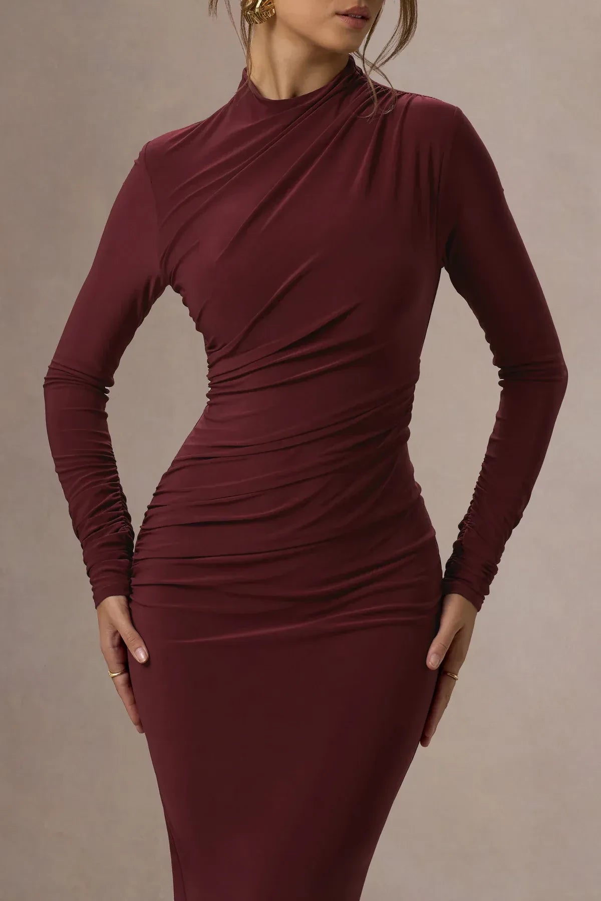 Enthralling Sheath High Neck Long Sleeve Ruched Back Floor Length Evening Dress