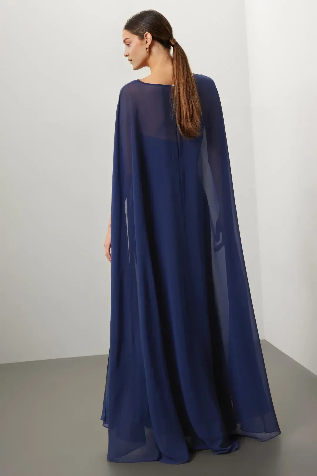 Ethereal A Line Boat Neck Cape Sleeve Chiffon Floor Length Plus Size Prom Dress