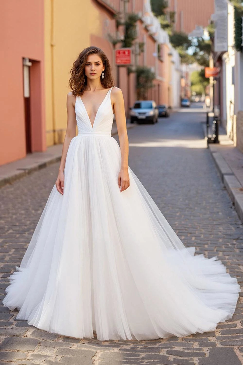Ethereal A Line Deep V Neck Sleeveless Open Back Floor Length Wedding Dress