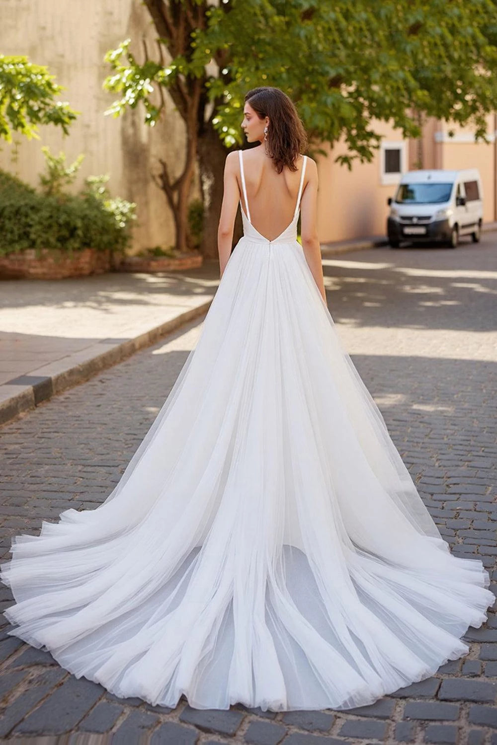 Ethereal A Line Deep V Neck Sleeveless Open Back Floor Length Wedding Dress