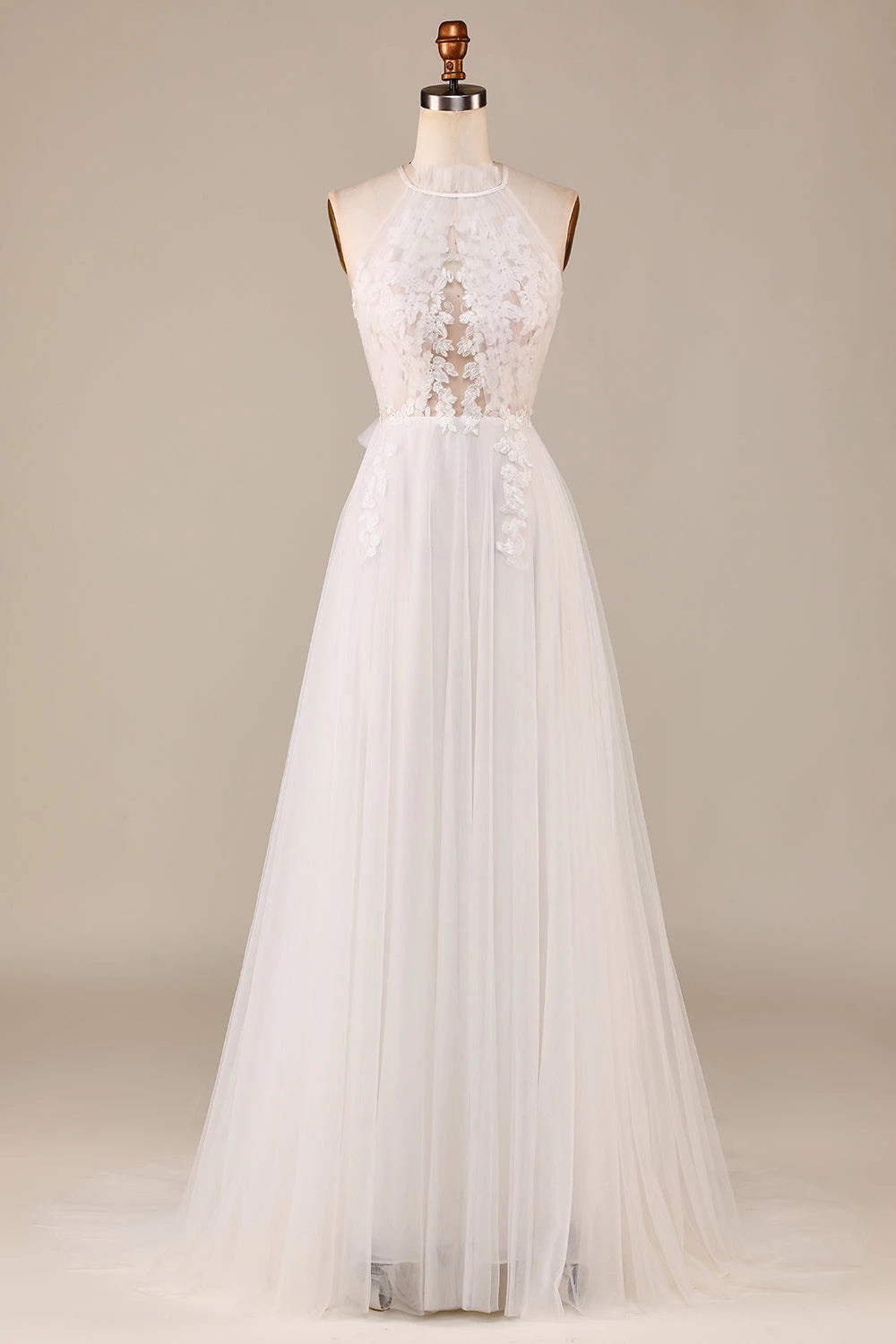 Ethereal A Line Halter Neck Sleeveless Bow Back Maxi Wedding Dress