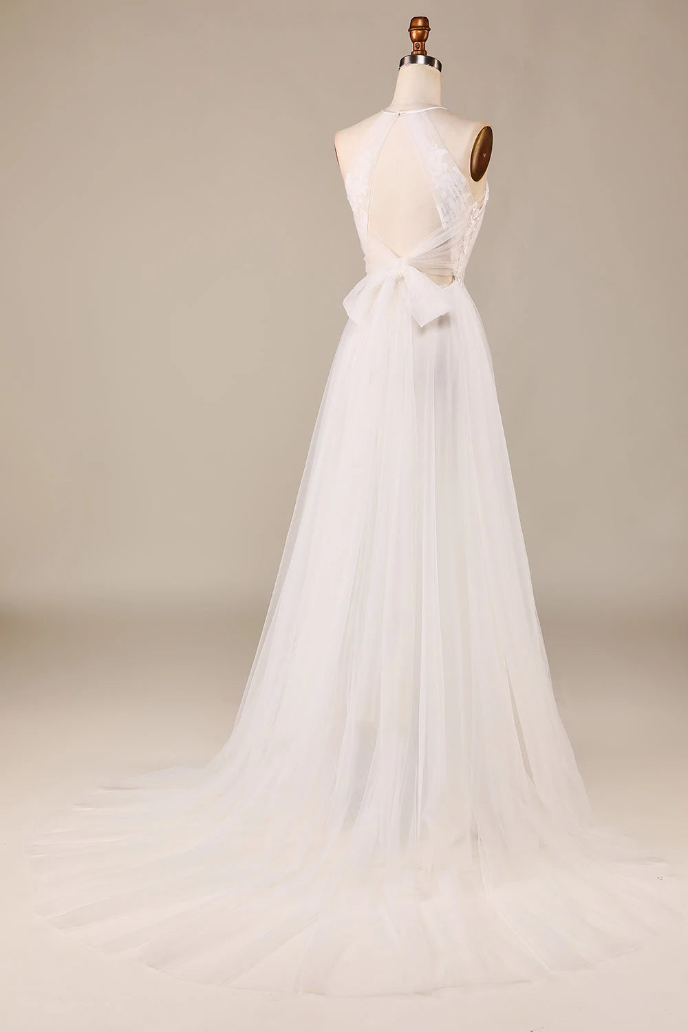 Ethereal A Line Halter Neck Sleeveless Bow Back Maxi Wedding Dress