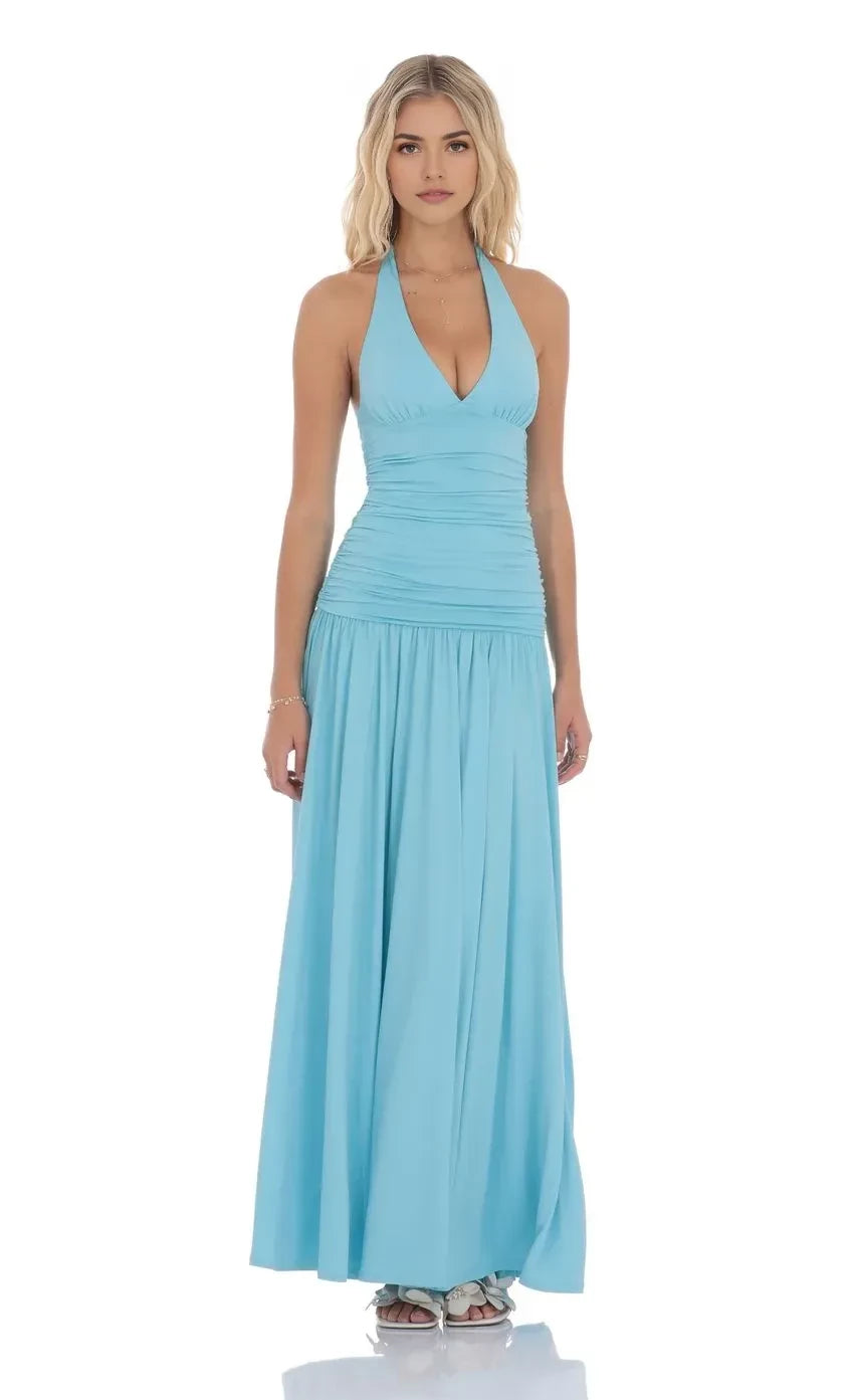 Ethereal A Line Halter Neck Sleeveless Tie Back Floor Length Evening Dress