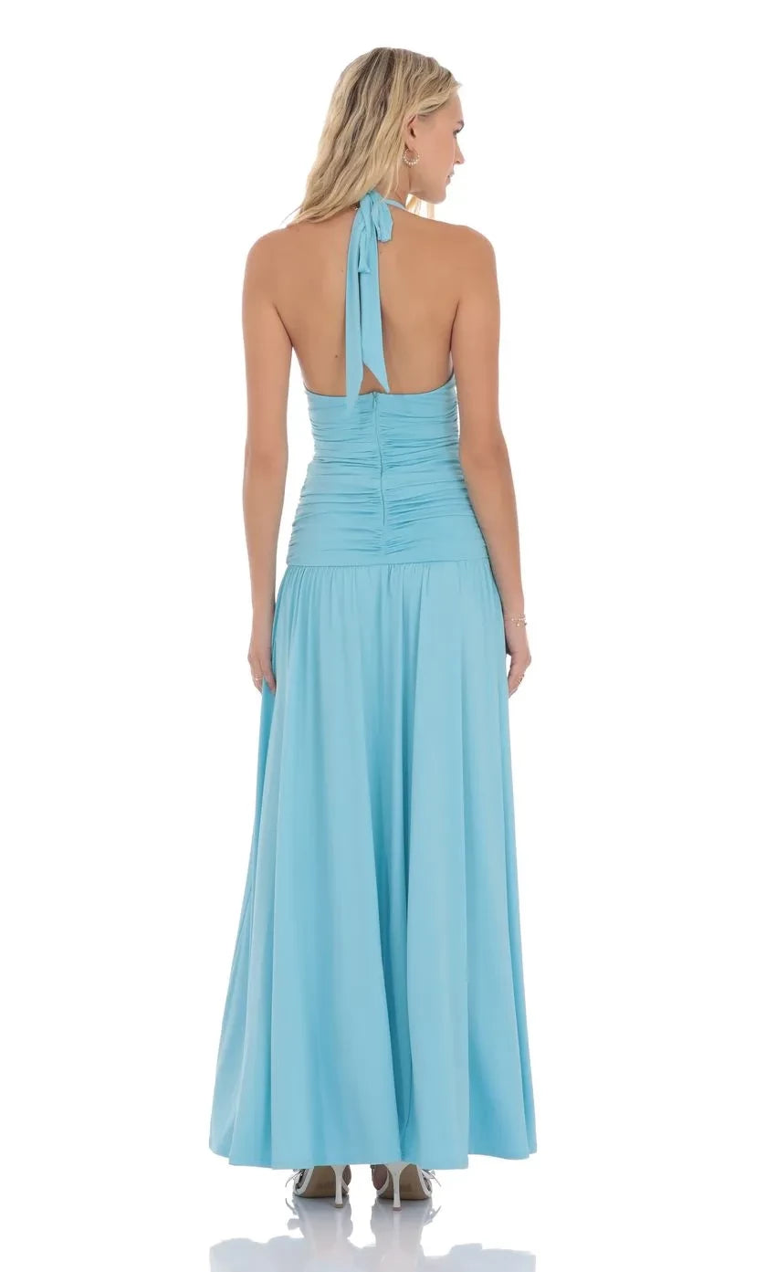 Ethereal A Line Halter Neck Sleeveless Tie Back Floor Length Evening Dress