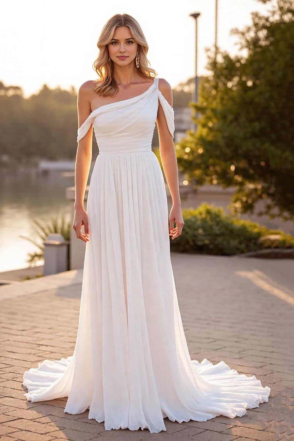 Ethereal A Line One Shoulder Cold Shoulder Sleeve Open Back Floor Length Wedding Dress