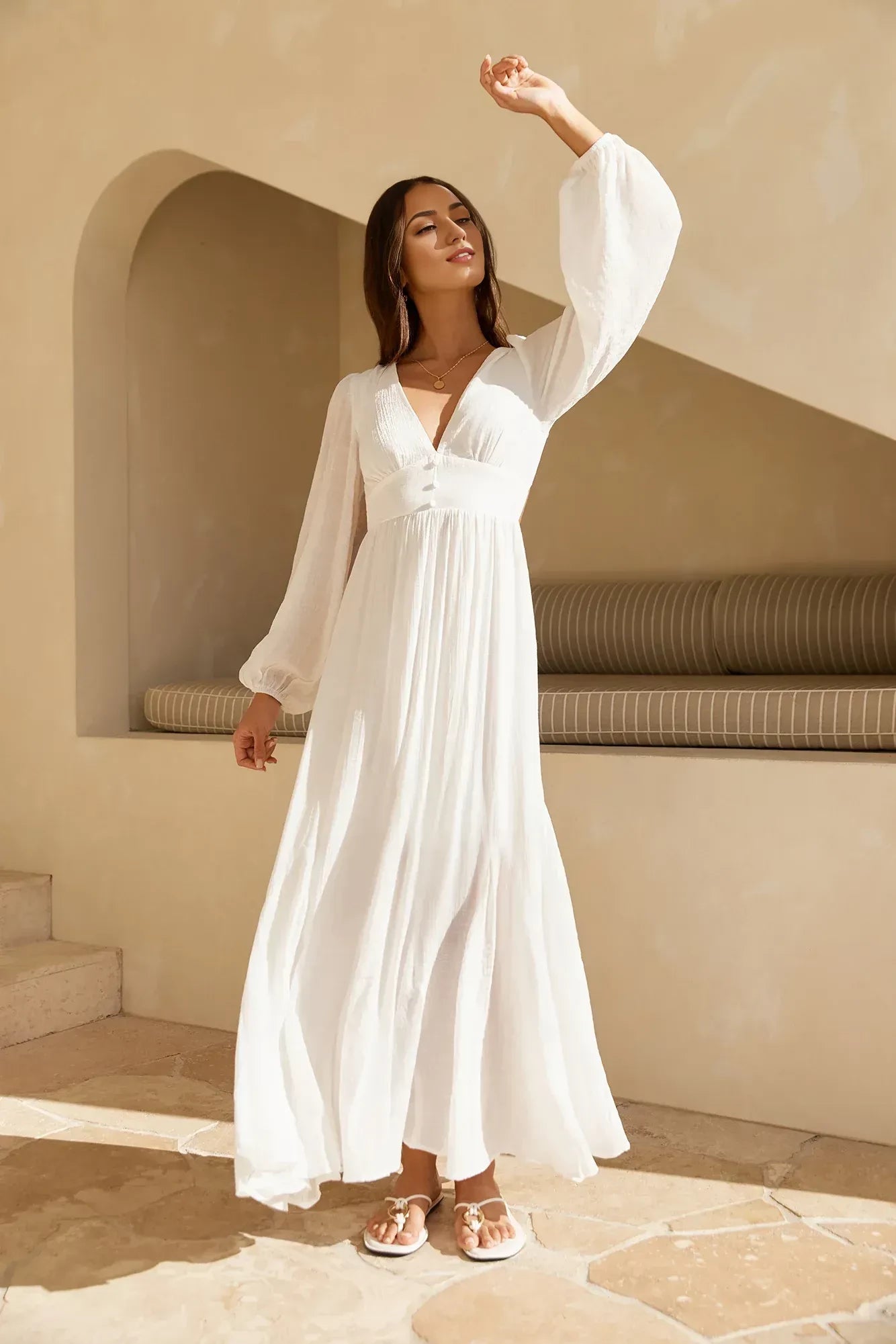 Ethereal A Line Plunge Neck Balloon Sleeve Cutout Back Floor Length Prom Dress