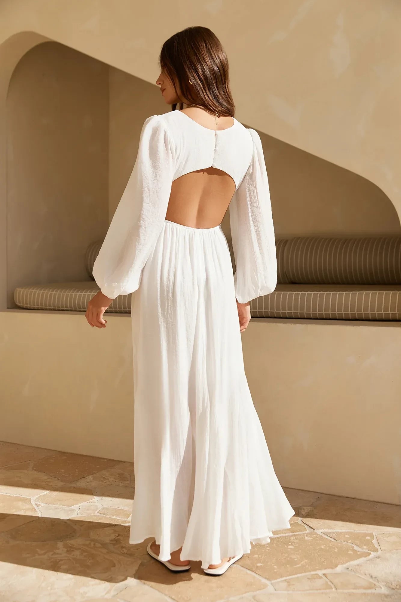 Ethereal A Line Plunge Neck Balloon Sleeve Cutout Back Floor Length Prom Dress