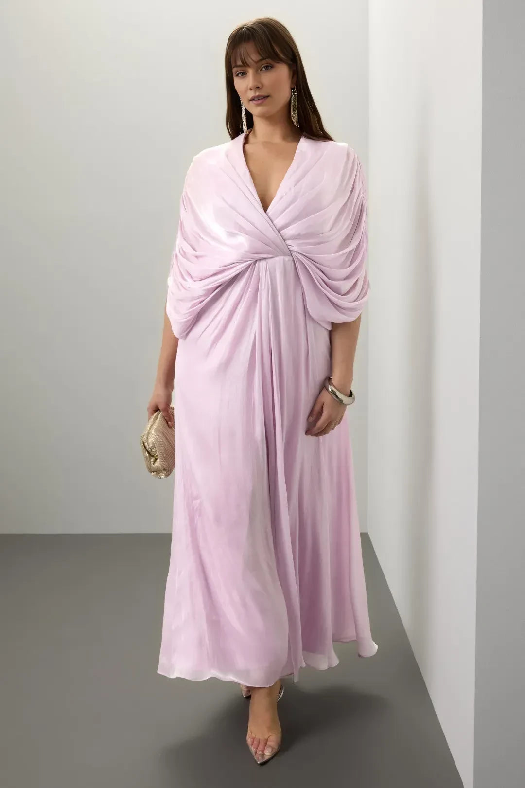 Ethereal A Line Plunge Neck Draped Sleeve Floor Length Plus Size Prom Dress