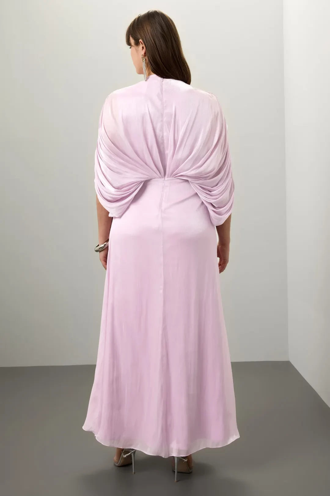 Ethereal A Line Plunge Neck Draped Sleeve Floor Length Plus Size Prom Dress