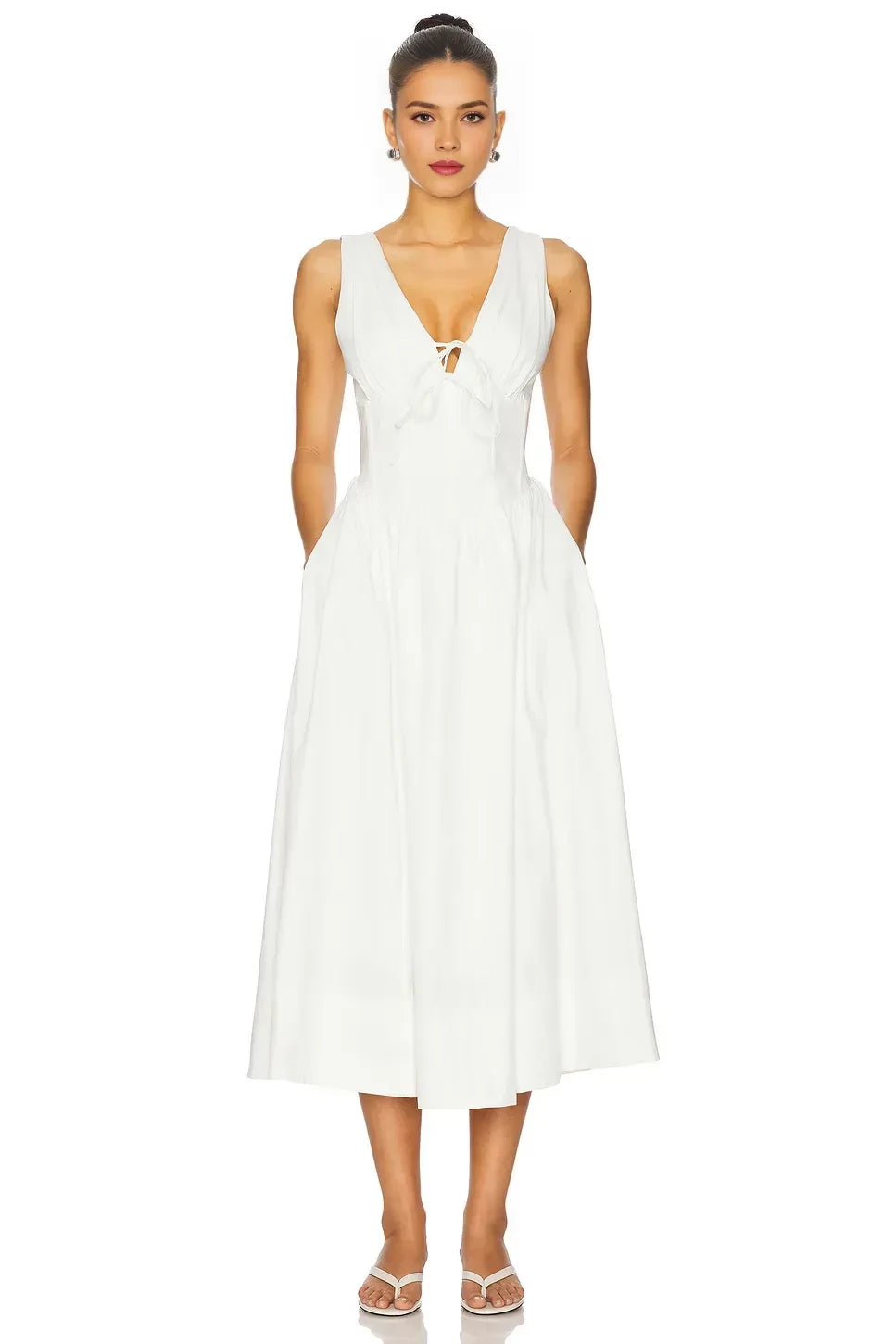 Ethereal A Line Plunge Neck Sleeveless V Back Midi Length Prom Dress