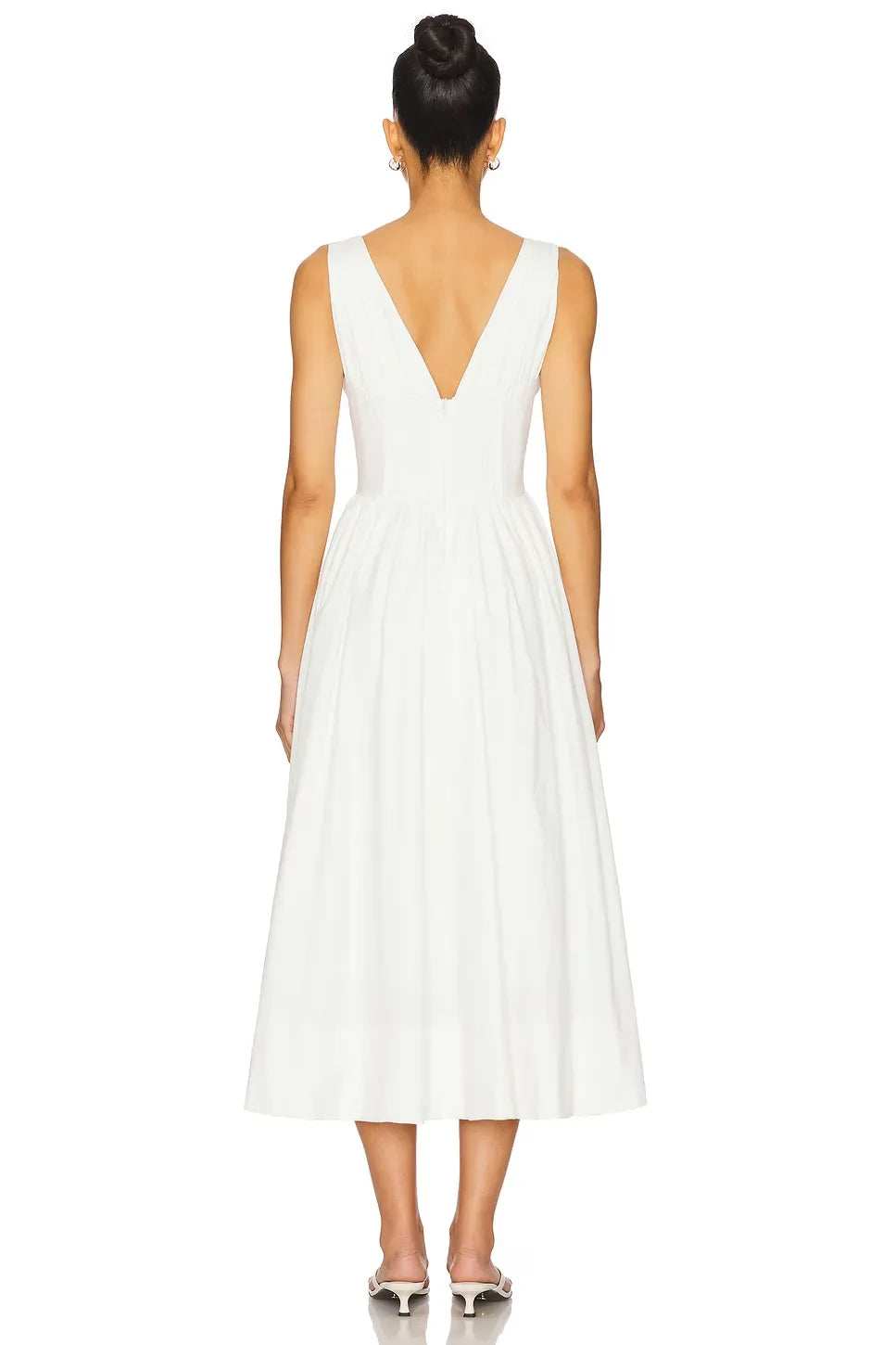 Ethereal A Line Plunge Neck Sleeveless V Back Midi Length Prom Dress