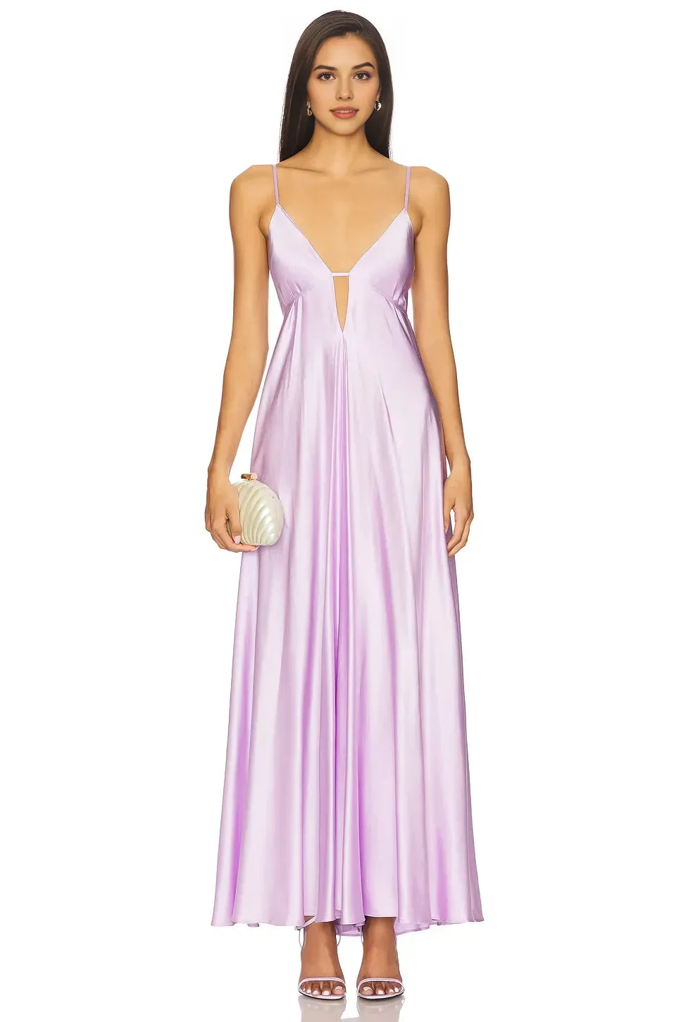Ethereal A Line Plunge Neck Spaghetti Strap Crisscross Back Floor Length Prom Dress