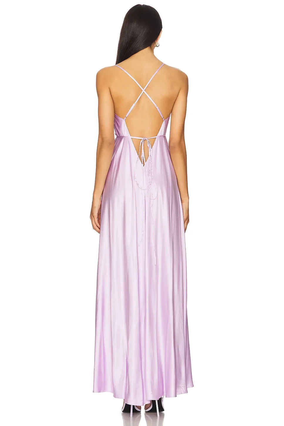 Ethereal A Line Plunge Neck Spaghetti Strap Crisscross Back Floor Length Prom Dress