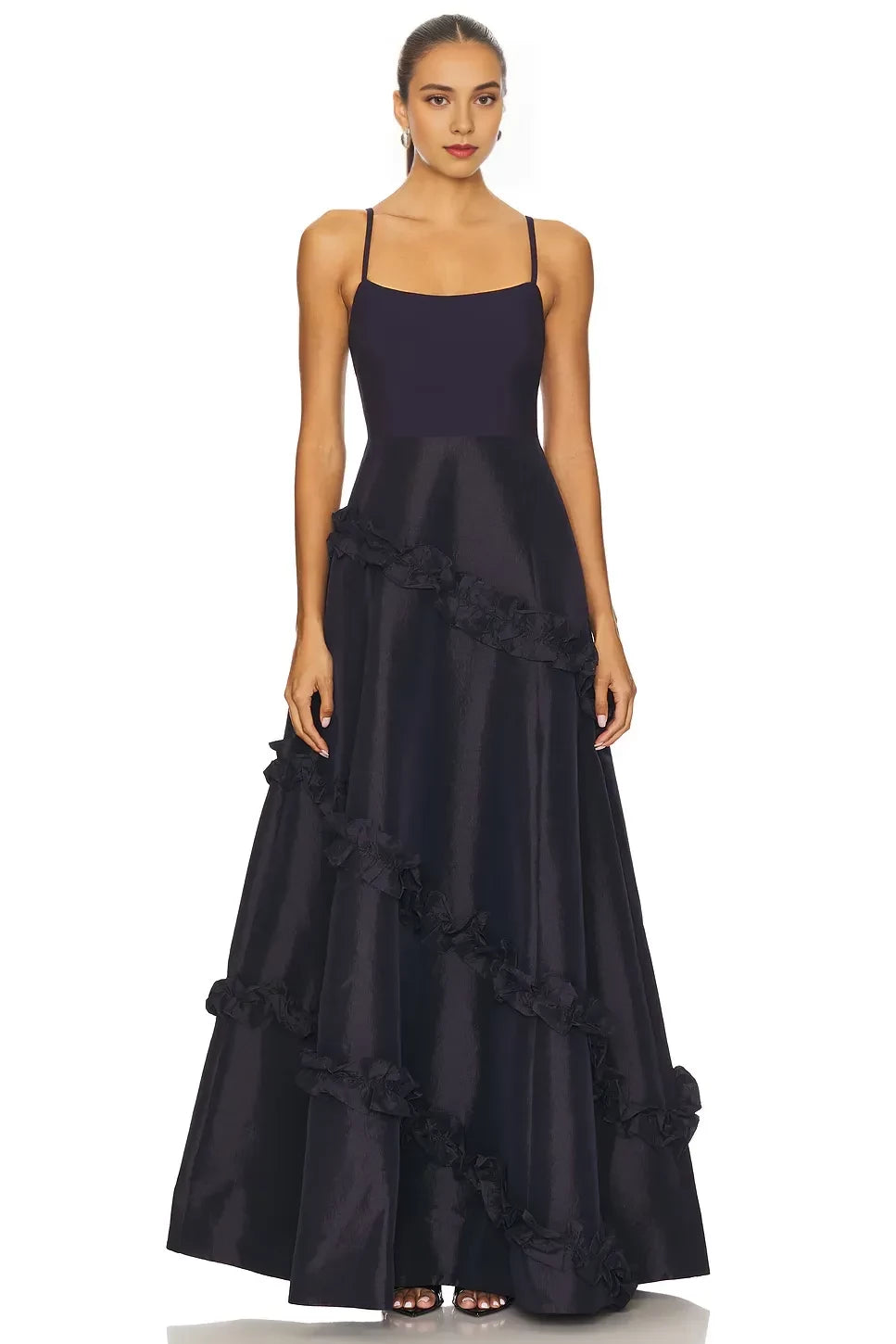 Ethereal A Line Square Neck Sleeveless Ruffled Back Floor Length Prom Dress