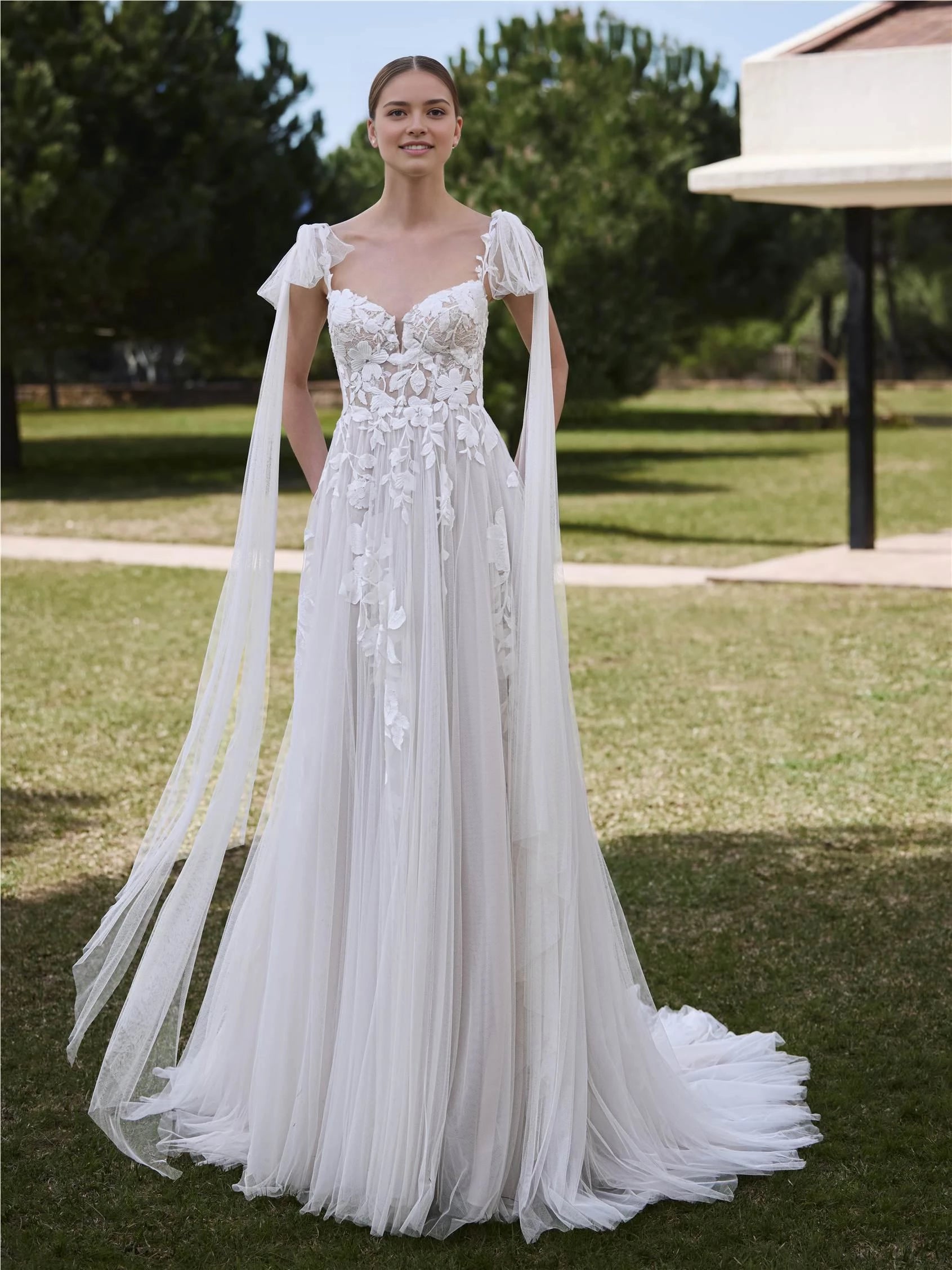Ethereal A Line Sweetheart Cape Sleeve Open Back Floor Length Wedding Dress