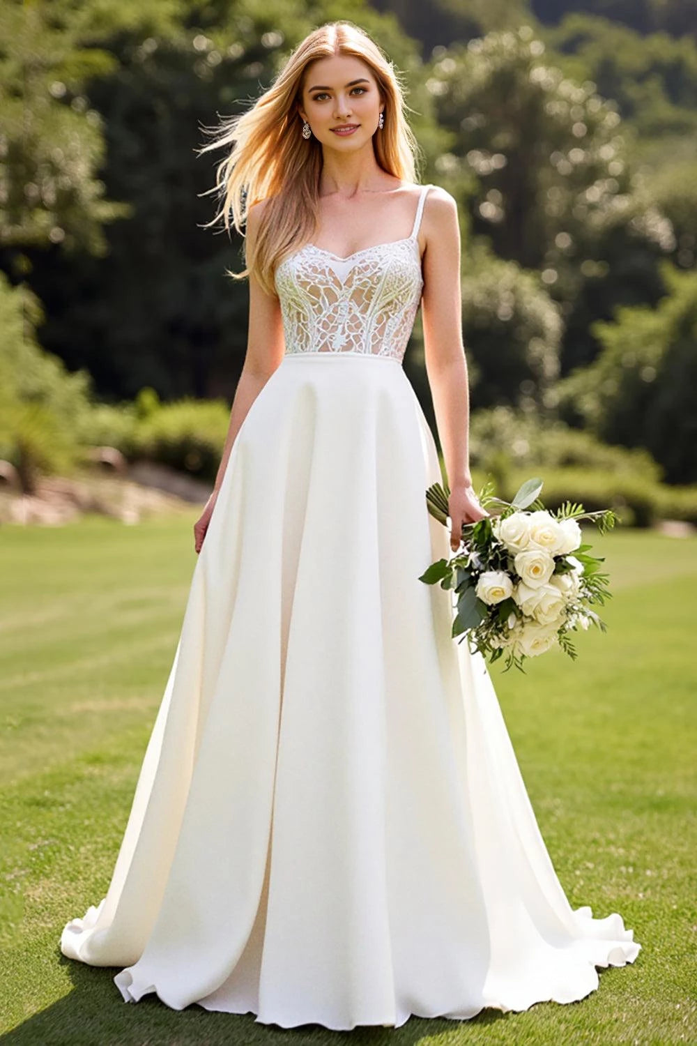 Ethereal A Line Sweetheart Neck Spaghetti Strap Lace Back Floor Length Wedding Dress