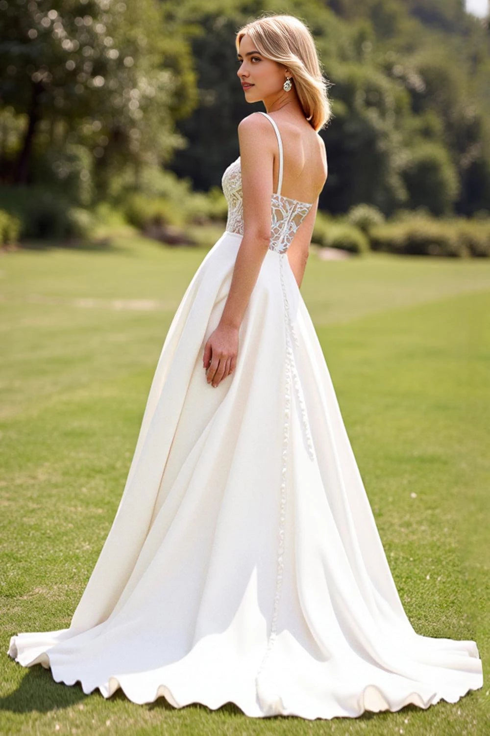 Ethereal A Line Sweetheart Neck Spaghetti Strap Lace Back Floor Length Wedding Dress
