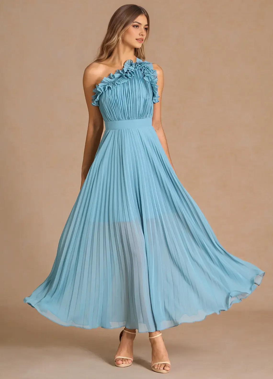 Ethereal A Line Sweetheart One Shoulder Ruffle Accent Cut Out Back Midi Length For Sale Prom Dress