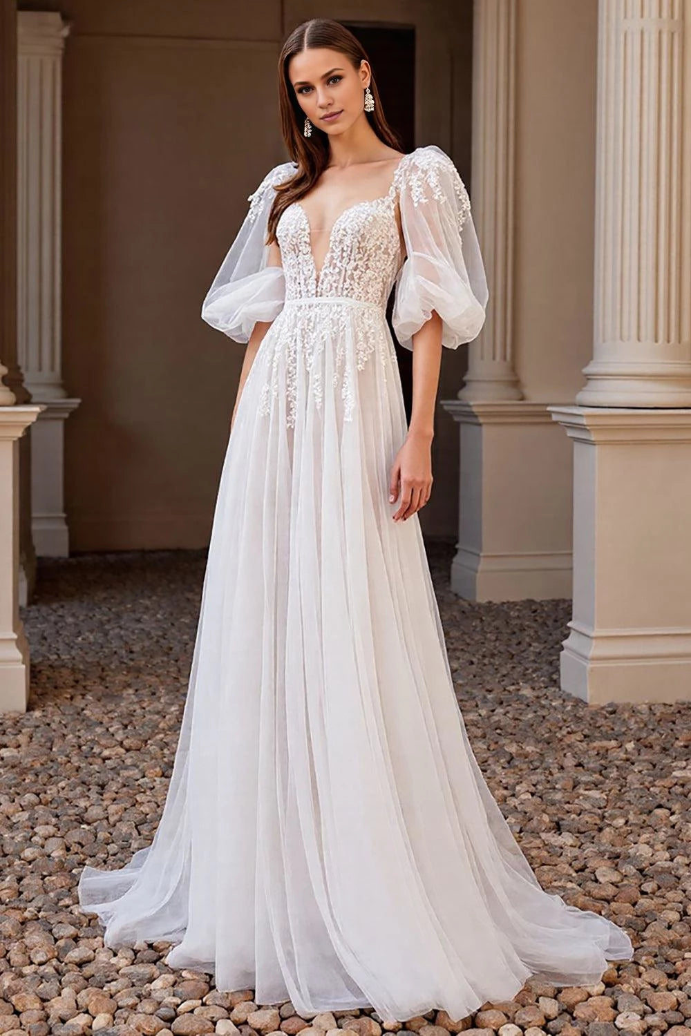 Ethereal A Line Sweetheart Puff Sleeve V Back Floor Length Wedding Dress ﻿