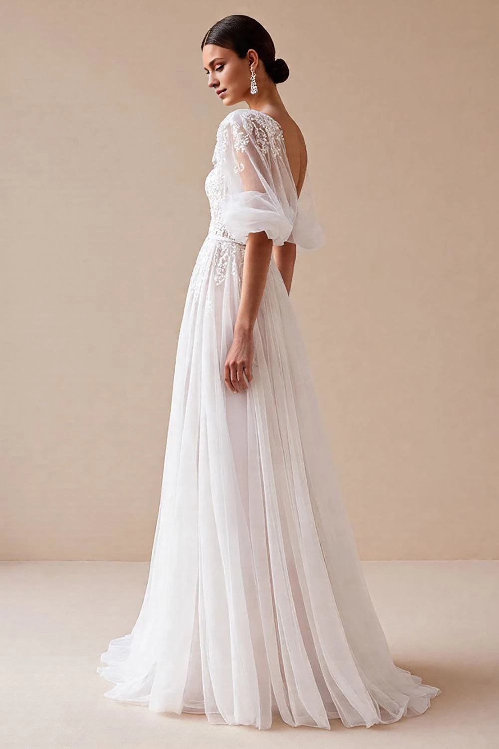 Ethereal A Line Sweetheart Puff Sleeve V Back Floor Length Wedding Dress ﻿