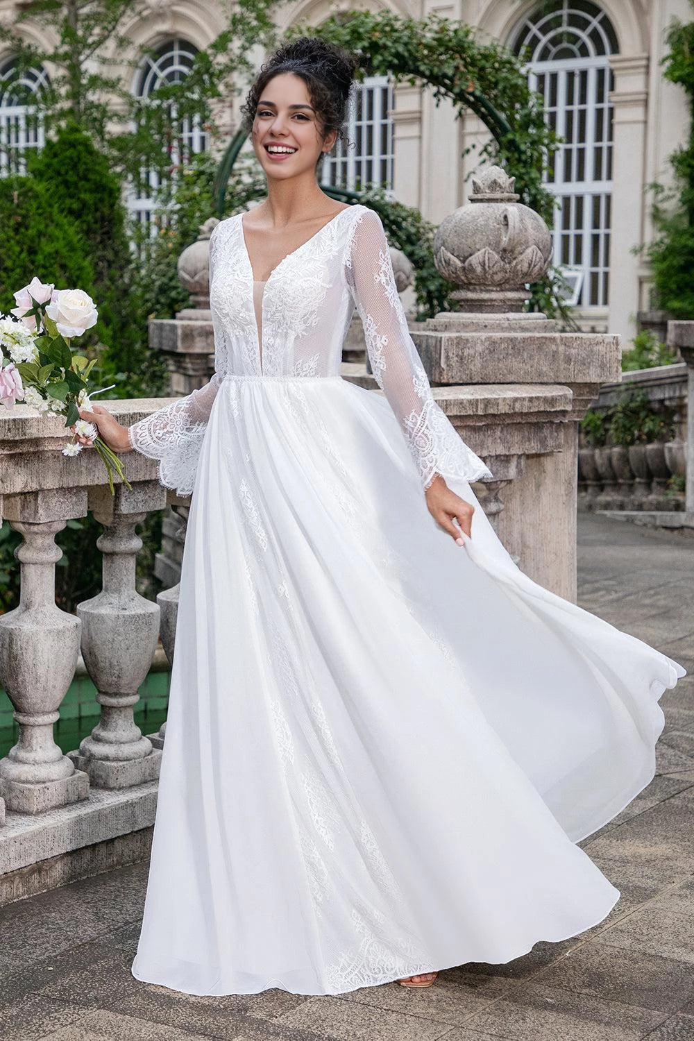 Ethereal A Line V Neck Bell Long Sleeve Tie Back Maxi Wedding Dress