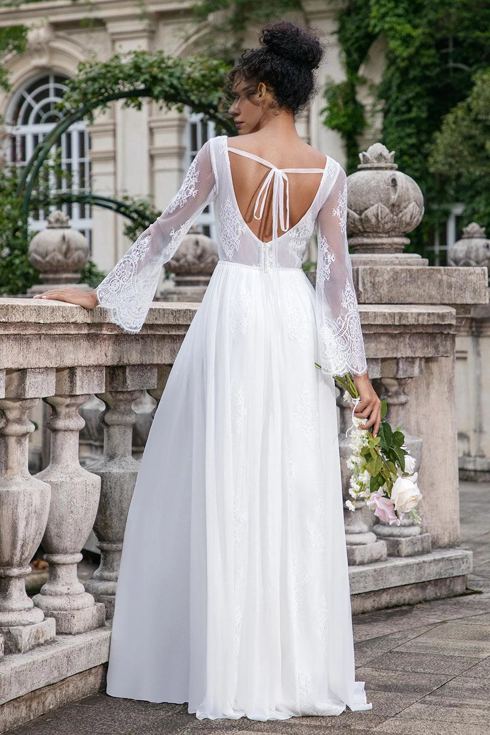 Ethereal A Line V Neck Bell Long Sleeve Tie Back Maxi Wedding Dress
