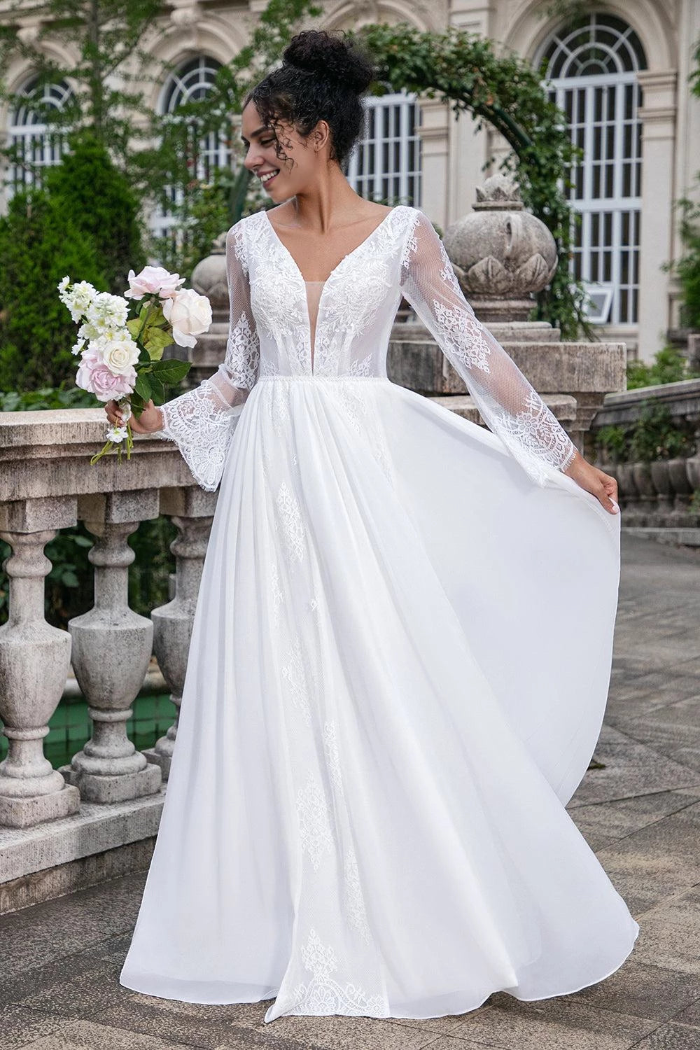 Ethereal A Line V Neck Bell Long Sleeve Tie Back Maxi Wedding Dress