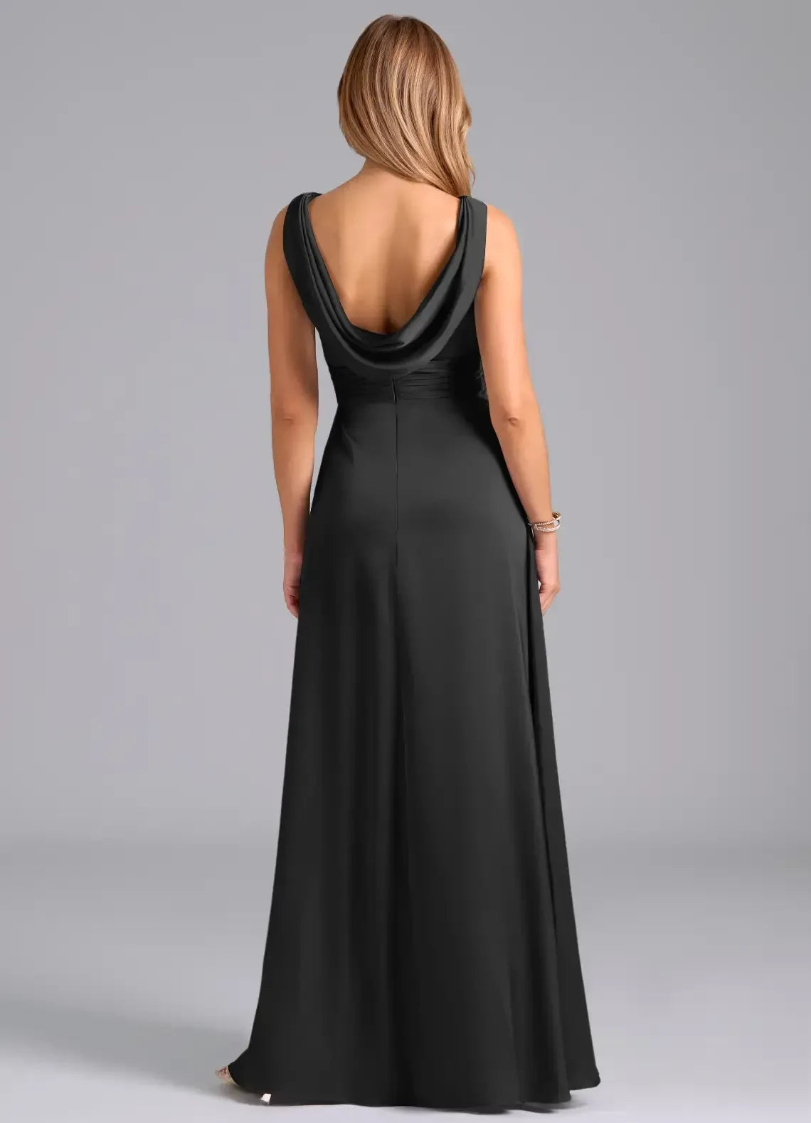Ethereal A Line V Neck Sleeveless Cowl Back Floor Length Bridesmaid Dress