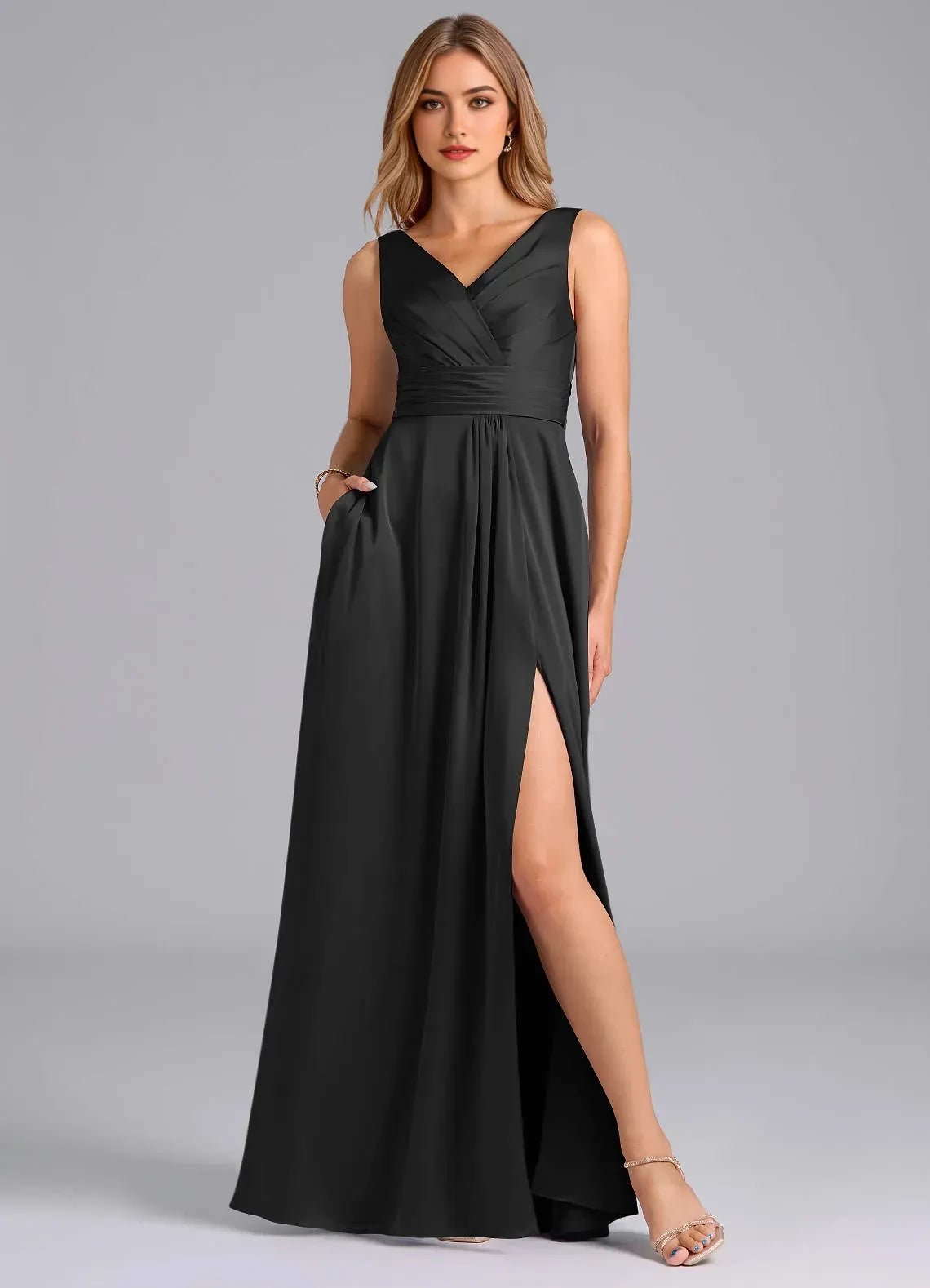 Ethereal A Line V Neck Sleeveless Cowl Back Floor Length Bridesmaid Dress