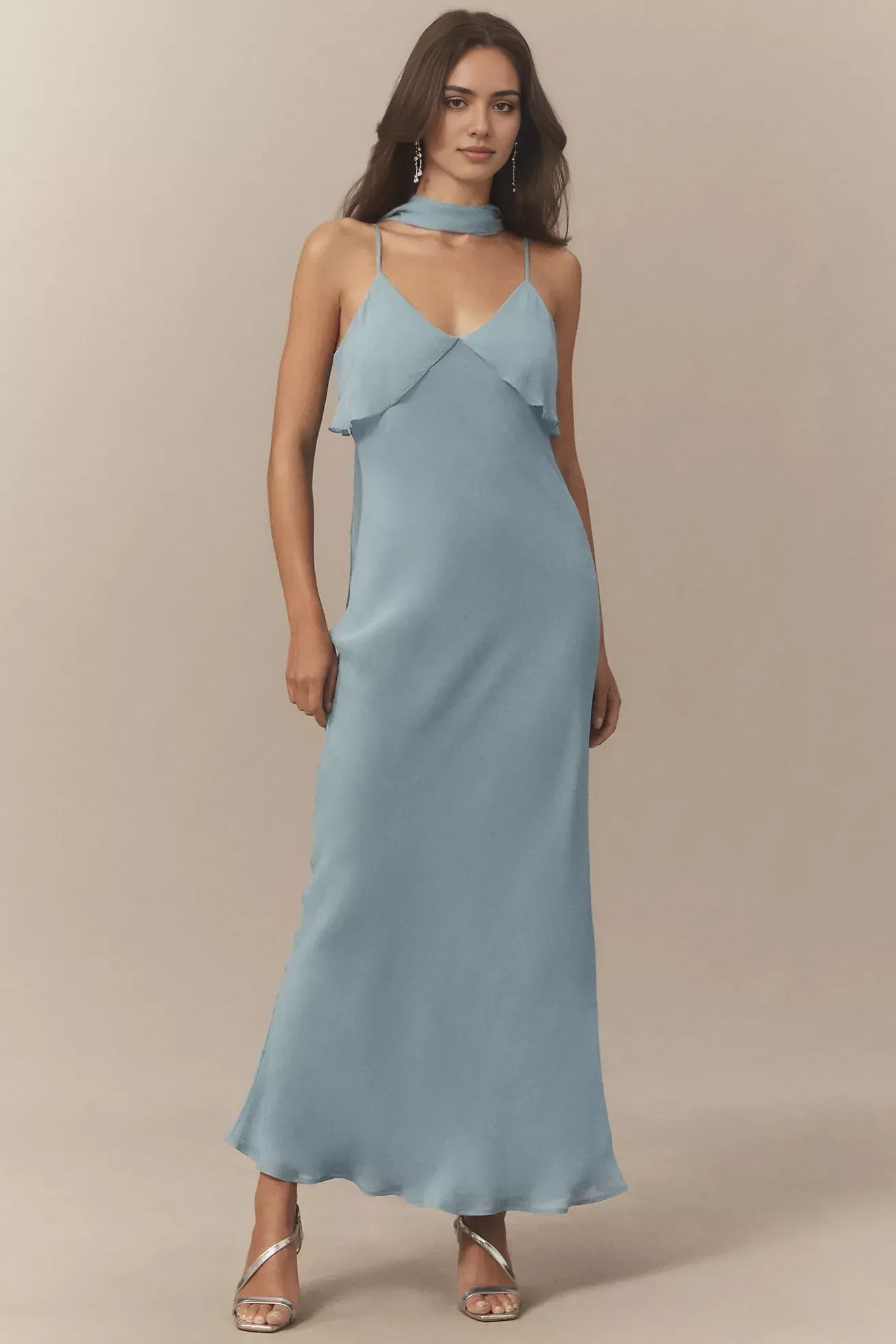 Ethereal A Line V Neck Spaghetti Strap Scarf Back Floor Length Evening Dress