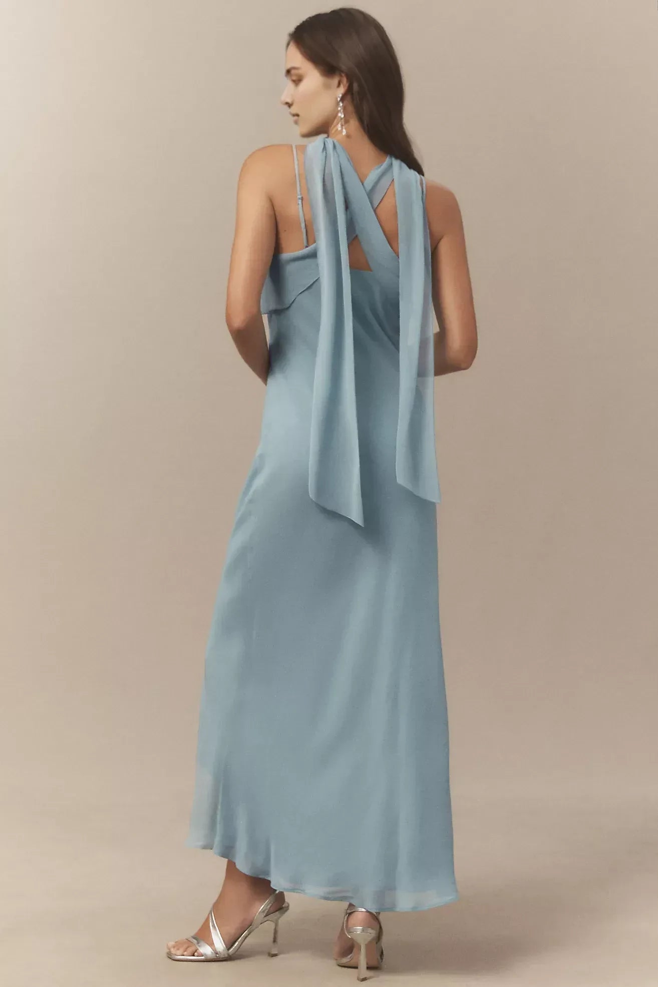 Ethereal A Line V Neck Spaghetti Strap Scarf Back Floor Length Evening Dress