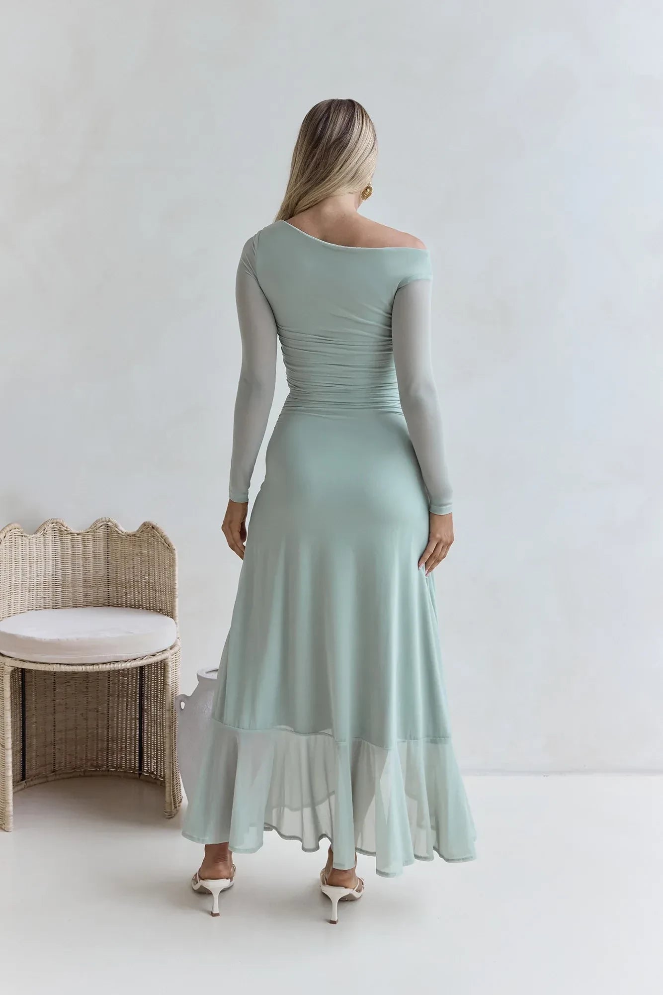Ethereal Mermaid One Shoulder Long Sleeve Ruched Back Asymmetric High Slit Floor Length Prom Dress