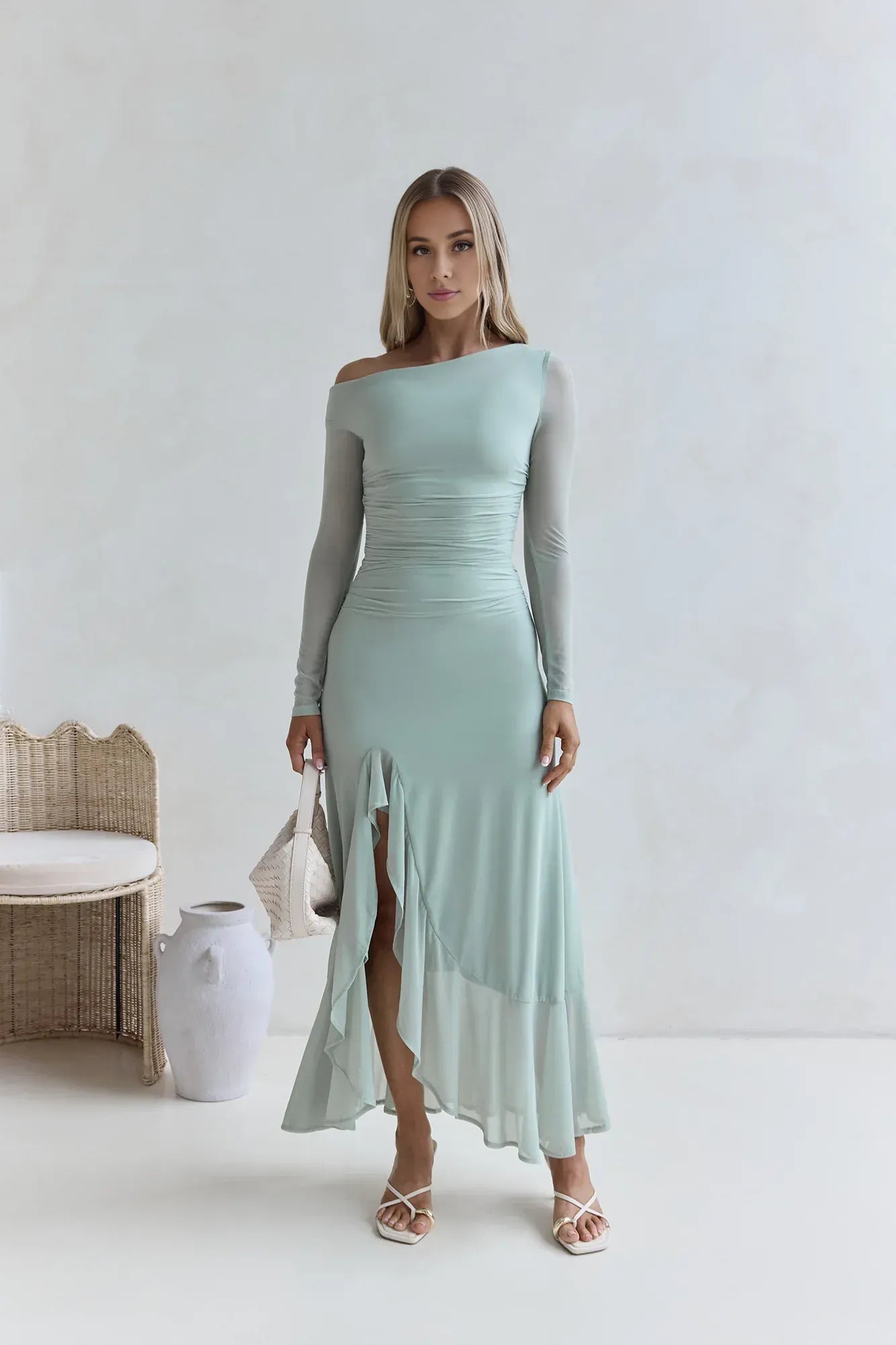 Ethereal Mermaid One Shoulder Long Sleeve Ruched Back Asymmetric High Slit Floor Length Prom Dress