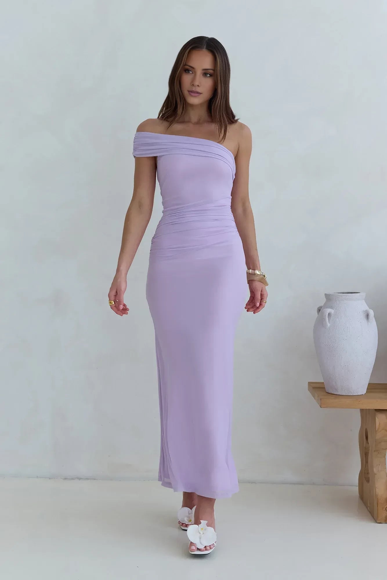 Ethereal Mermaid One Shoulder Ruched Bodice Floor Length Prom Dress