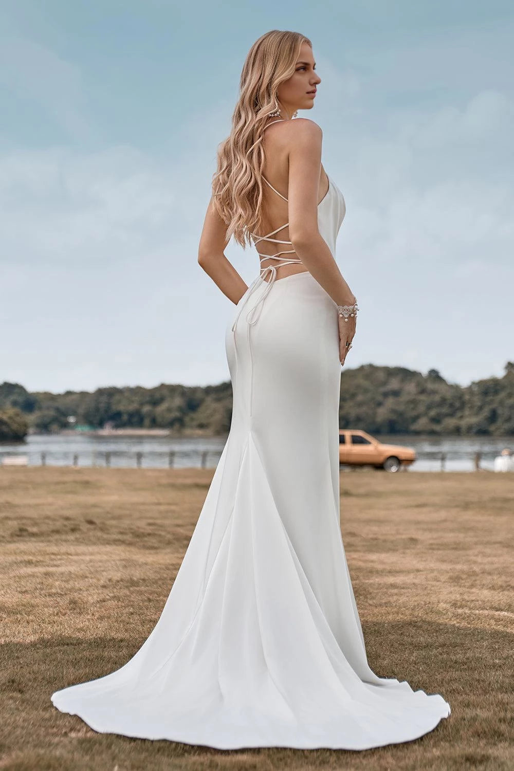 Ethereal Mermaid Spaghetti Strap Lace Up Back Maxi Wedding Dress
