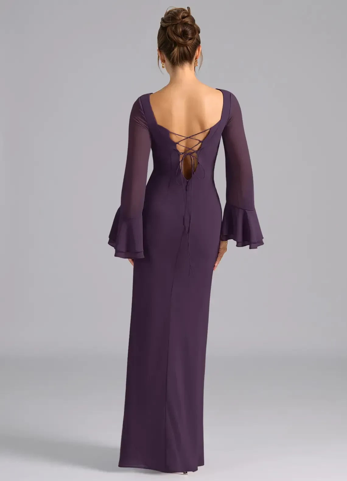 Ethereal Sheath Boat Neck Flared Long Sleeve Lace Up Back Floor Length Bridesmaid Dress