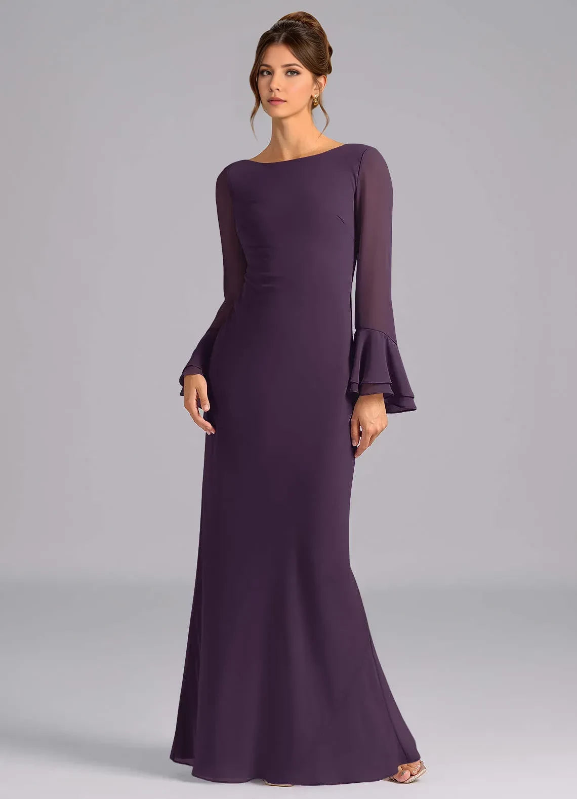 Ethereal Sheath Boat Neck Flared Long Sleeve Lace Up Back Floor Length Bridesmaid Dress