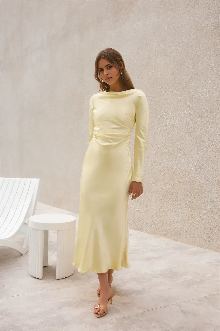 Ethereal Sheath Cowl Neck Long Sleeve Ruched Back Midi Length Prom Dress