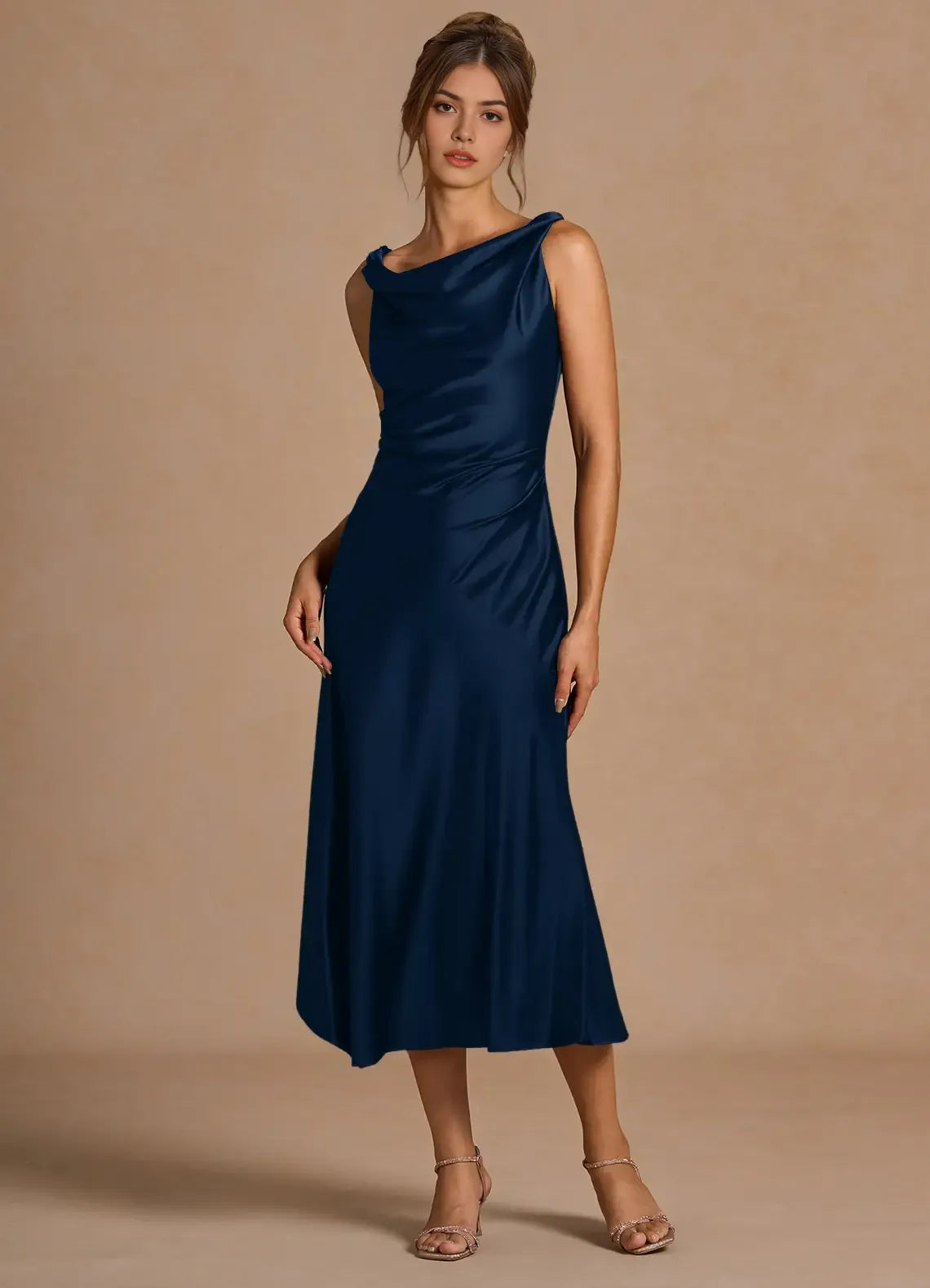 Ethereal Sheath Cowl Neck Sleeveless Ruched Accent Open Back Asymmetrical Midi For Women Prom Dress