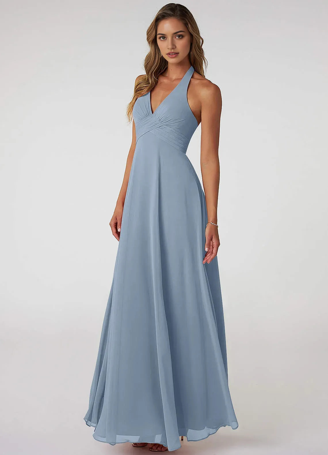 Ethereal Sheath Halter Neck Sleeveless Open Back Floor Length Bridesmaid Dress