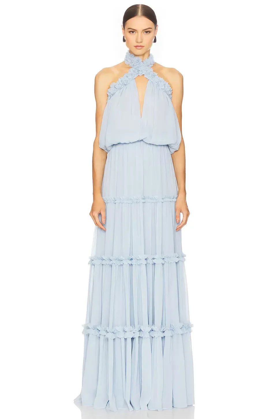 Ethereal Sheath Halter Neck Sleeveless Ruffled Back Floor Length Evening Dress